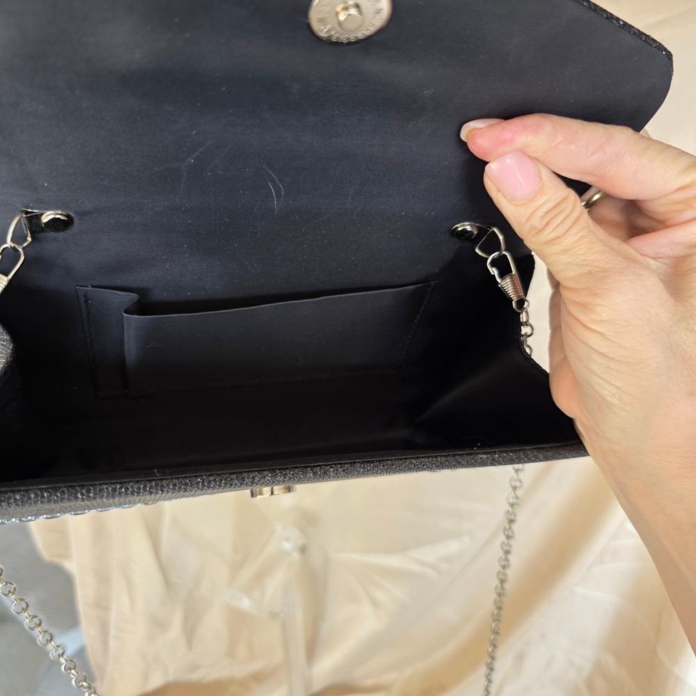Black Iridescent Rhinestone Evening Clutch Bag with Silver Chain Strap Formal - Picture 8 of 10